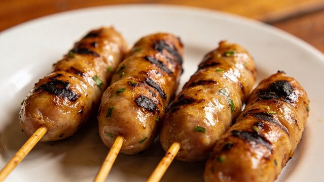 Griled Isaan sausages in a white plate ,Thai called sai krok isan