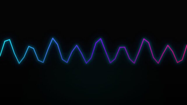 Dynamic neon wave form visualization with abstract glowing lines showing fluctuating energy patterns in rhythmic oscillations against a dark backdrop representing digital audio spectrum analysis