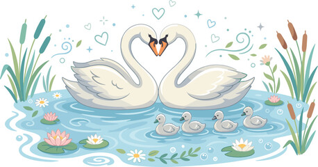 Naklejka premium Elegant white swan couple forming heart shape with cute baby cygnets swimming in peaceful pond vector illustration