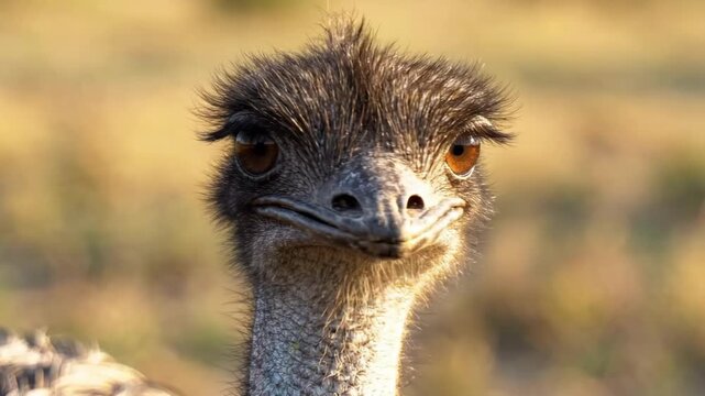 Close up portrait of an emu with large brown eyes and textured feathers