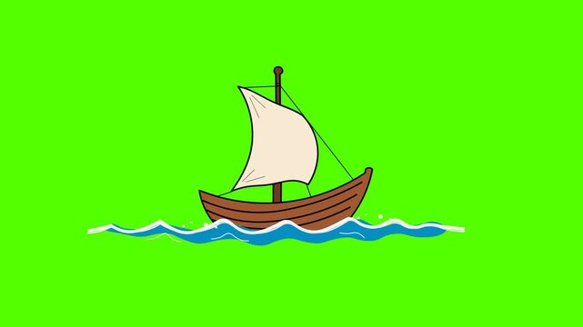 Traditional Cartoon Sailing Boat On Ocean Waves Animation Isolated Green Screen. Simple Hand Drawn Vessel