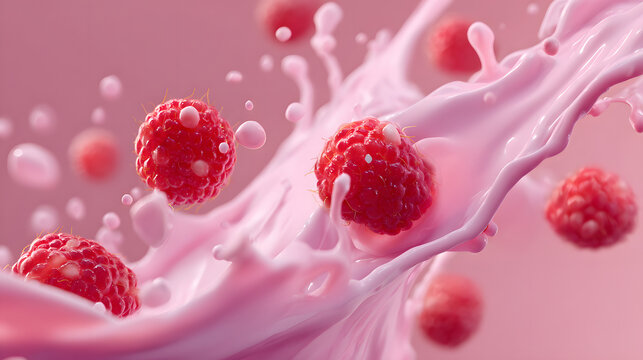 Ripe raspberries splashing into creamy pink liquid, dynamic food and drink photography.