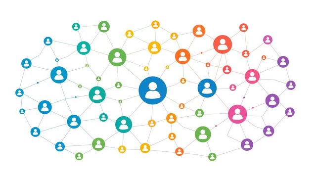 Colorful Social Network Connections Animation with Connected Profiles and lines.  Community Networking , Digital Communication  and Online Relationships, 