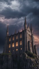Fototapeta premium Gothic Cathedral with Lightning Storm Dark Sky and Dramatic Atmosphere