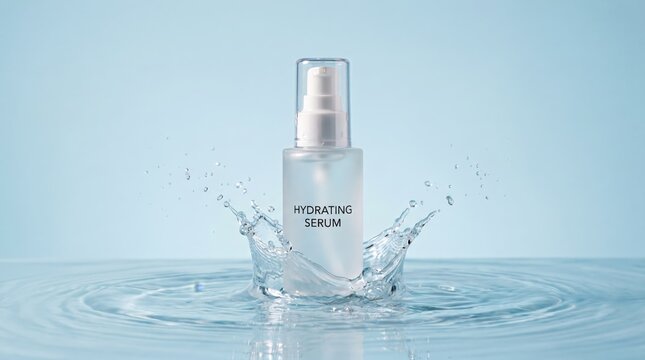 Elegant cosmetic bottle surrounded by clear water splash symbolizing hydration, freshness and skincare purity.