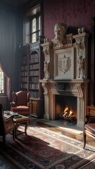 Naklejka premium Elegant, Historic Library Room with Ornate Fireplace, Wooden Shelves, and Classic Decor