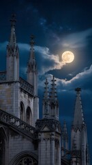 Naklejka premium Majestic Gothic Cathedral Spires Under Full Moon and Starry Sky at Night