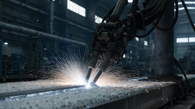 Medium shot of submerged arc welding on a thick metal plate with a visible flux bed generating bright sparks and molten slag during the long seam welding process. Closeup medium