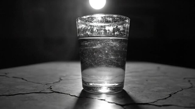Glass of water illuminated by a bright light source on a textured surface in grayscale