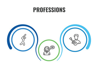 Fototapeta premium professions outline icon set. thin line cricket player, musician, telemarketer icons. editable vector