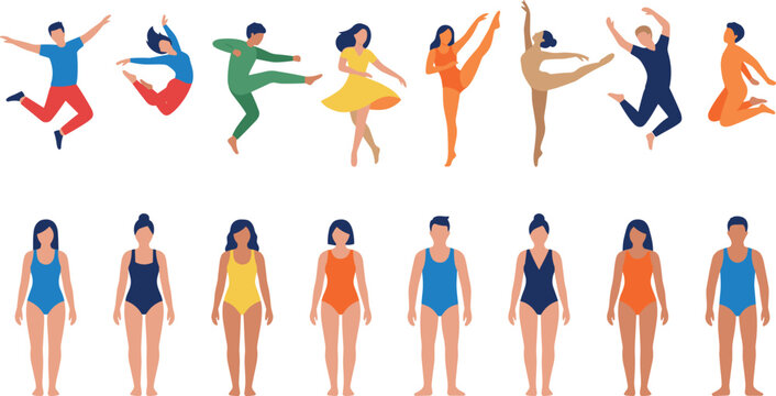 Active Dancers and Swimmers Vector Character Set with People in Swimsuits and Dynamic Jumping Poses for Fitness Designs