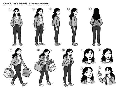 Woman Shopping Character Reference Sheet.
