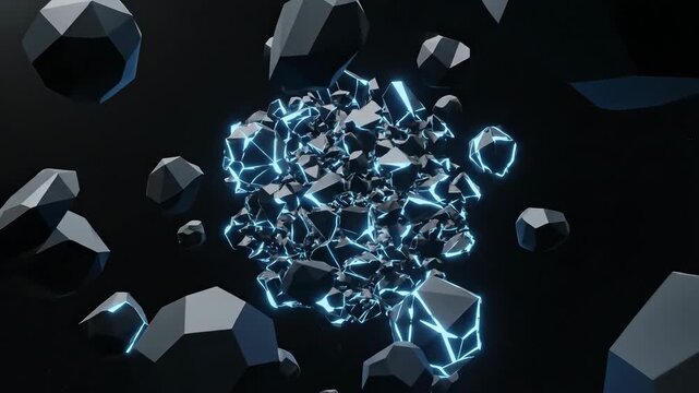 Glowing blue fractured spheres floating like asteroids in deep space. Perfect for sci-fi visuals, game trailers, tech branding