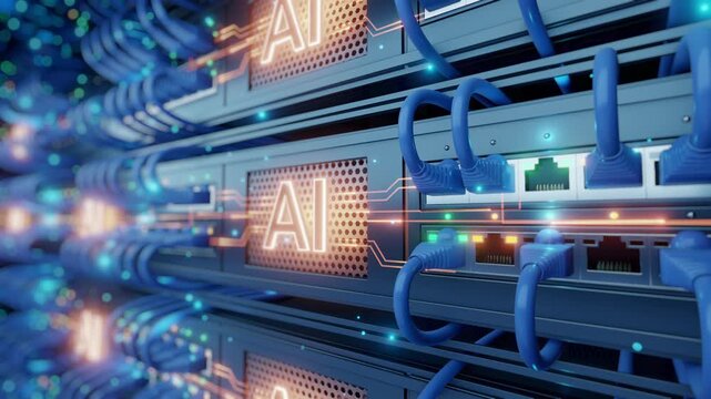 Glowing AI text on network switch server rack with blue ethernet cables and LED indicators. AI-powered data center concept for cloud computing, machine learning, and enterprise IT infrastructure.