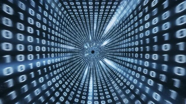 Flying through glowing binary code tunnel in digital data stream. Perfect for cybersecurity visuals, AI branding, tech intros