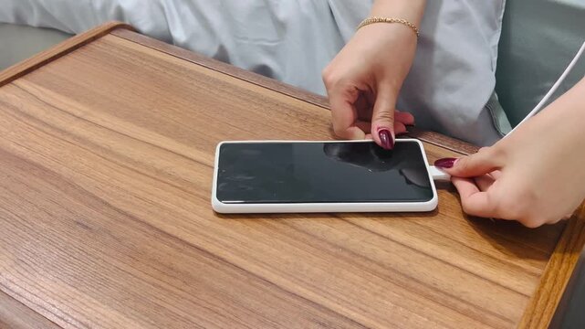 Plugging a smartphone into a charger before sleep, 16:9 horizontal video, daily charging routine, night time habits, mobile technology, connecting power cable, bedroom setting, lifestyle.