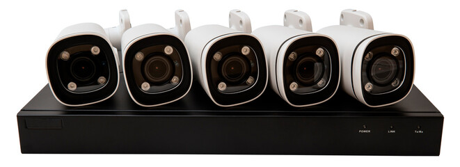 Five security cameras on a black recording device in a basic setup © Oleksandr