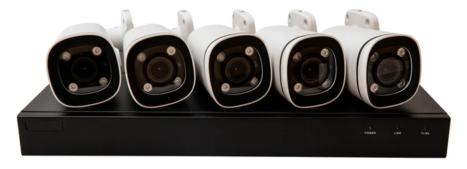 Five security cameras on a black recording device in a basic setup © Oleksandr