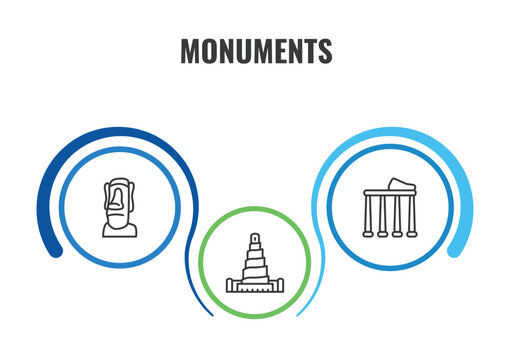 monuments outline icon set. thin line moia statues, temple of apollo, great mosque of samarra icons. editable vector