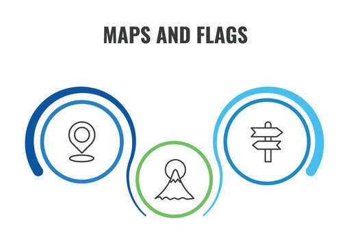 maps and flags outline icon set. thin line locato, vintage, mount fuji icons. editable vector