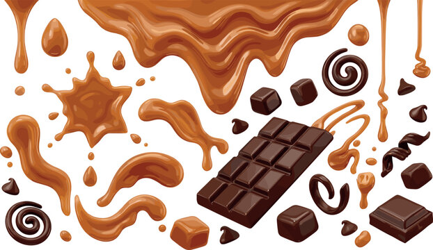 Liquid Caramel Splashes and Chocolate Bar Vector Set with Swirls Droplets Drops and Sweet Toffee Pieces for Food Packaging