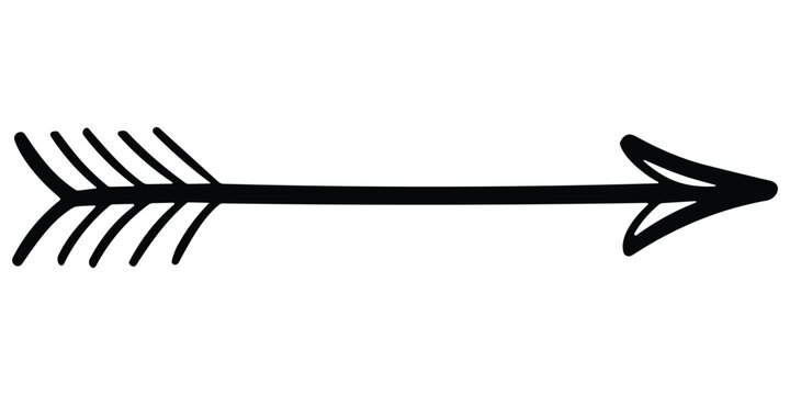 Minimalist hand drawn arrow illustration with detailed feather fletching and thin line shaft design