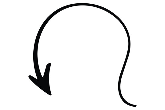 Curved black arrow pointing down with organic hand drawn line for infographic flow and instructions