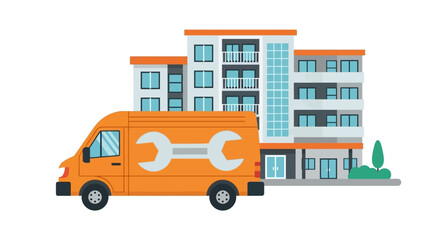 Fototapeta premium Professional Maintenance and Repair Service Van in front of Modern Residential Apartment Building Illustration