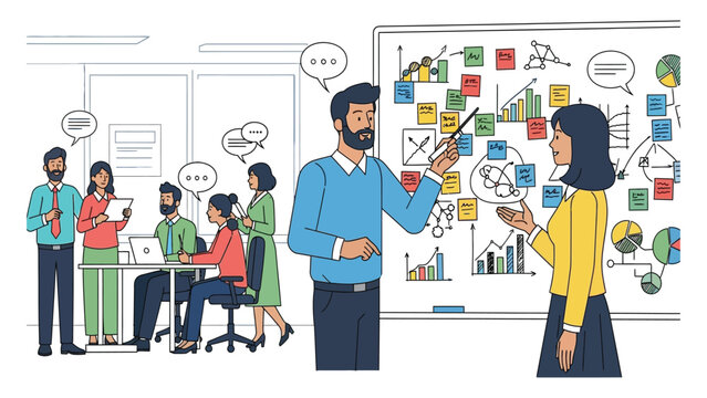 Manager explains complex data and performance charts to staff members during an interactive strategy meeting in a bright office.