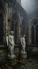 Fototapeta premium Eerie historic courtyard with statues and overgrown vines in old gothic style