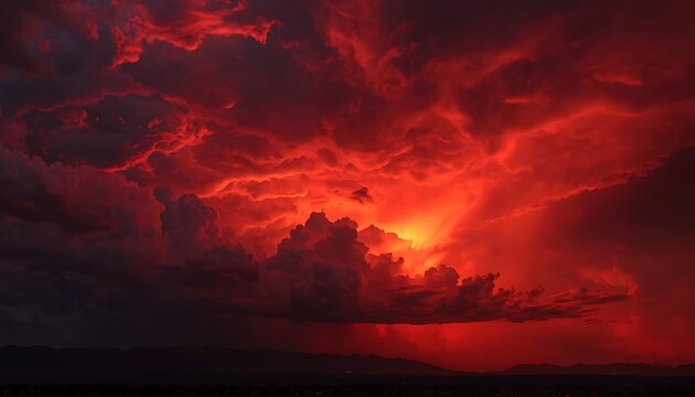 Dramatic Red Storm Clouds at Sunset with Fiery Sky Background