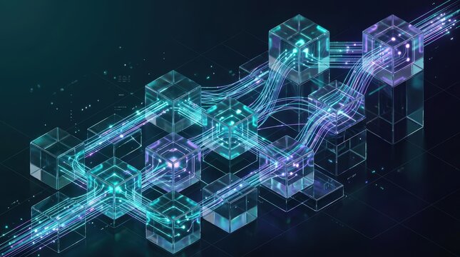 Translucent cube arrangements depict secure blockchain systems with neon accents and peer connections