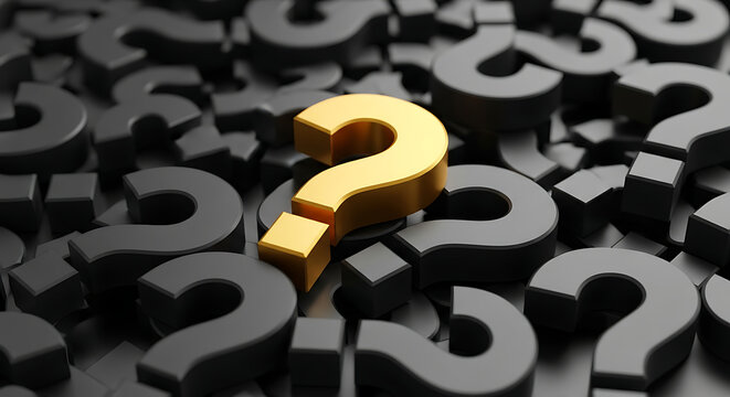 Single golden question mark standing out among many black question marks with question decision uncertainty solution strategy business leadership thinking challenge opportunity