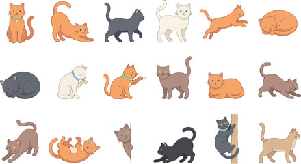 Obraz premium Collection of diverse cartoon cats and dogs in flat design isolated on white background