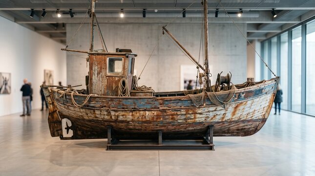 Rusty fishing boat is displayed in an art gallery during a public exhibition with visitors