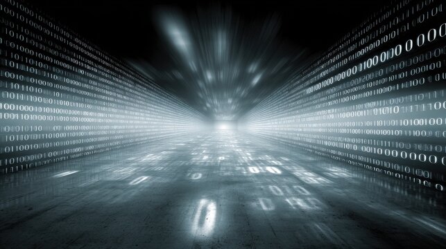 Abstract Digital Tunnel of Glowing Binary Code with Motion Blur