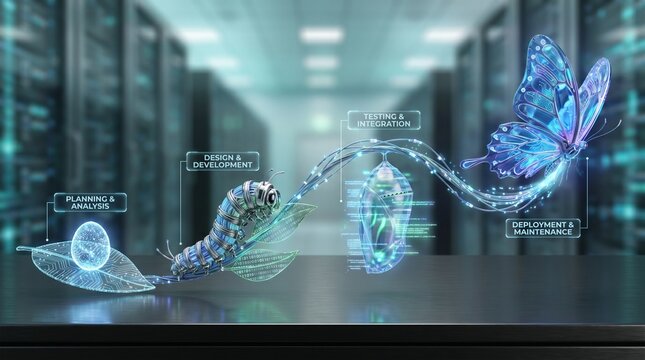 Software Development Life Cycle (SDLC) concept illustrated by a glowing digital butterfly life cycle in a server room 3D render