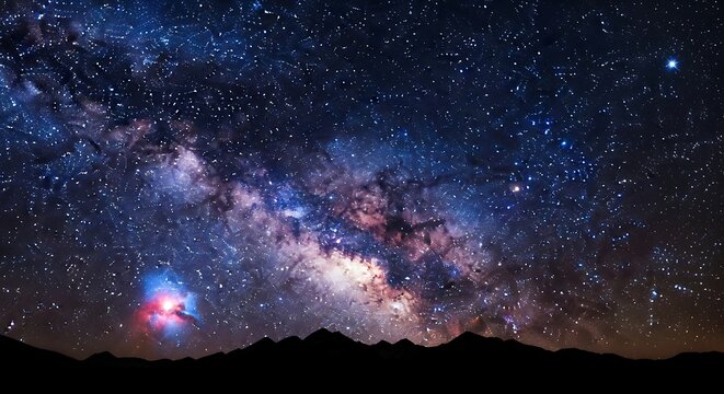 Vast cosmic expanse of the Milky Way, ablaze with stars, silhouetting mountains below