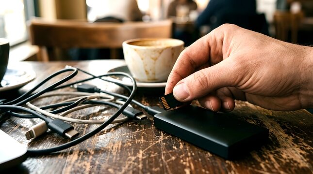 Close Up of Hand Inserting High Speed Secure Digital SD Memory Card into Electronic Device Port for Storage Expansion