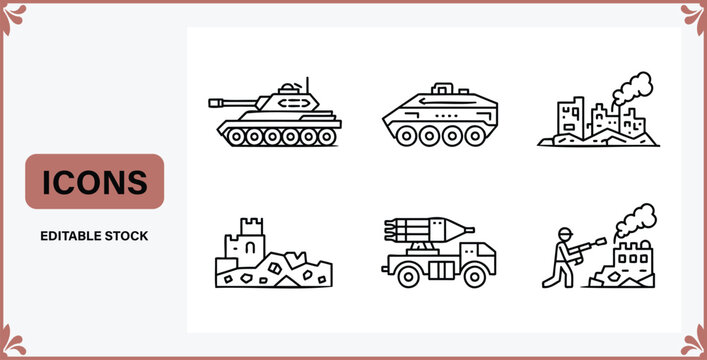 A comprehensive collection of military and warfare themed line icons depicting tanks armored vehicles missile launchers and devastating urban conflict scenes for modern graphic designs