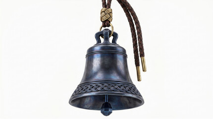 Obraz premium A dark metal bell with a braided brown leather cord and a decorative celtic knot generated using ai