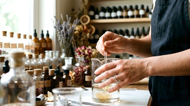 Crafting Custom Luxury Scent in Professional Fragrance Studio with Artisan Perfumer Mixing Essential Oils and Ingredients