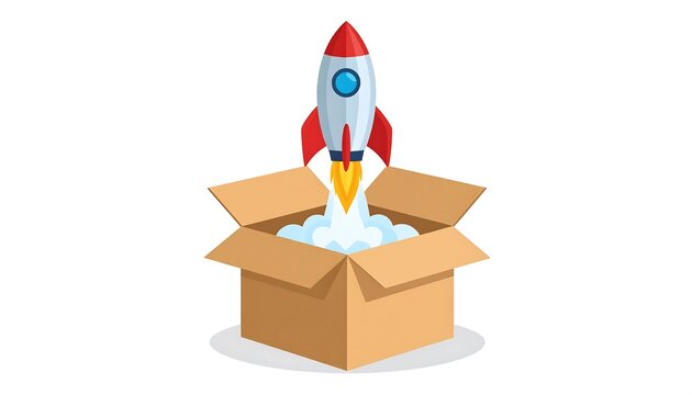 A cartoon rocket ship emerges from an open cardboard box