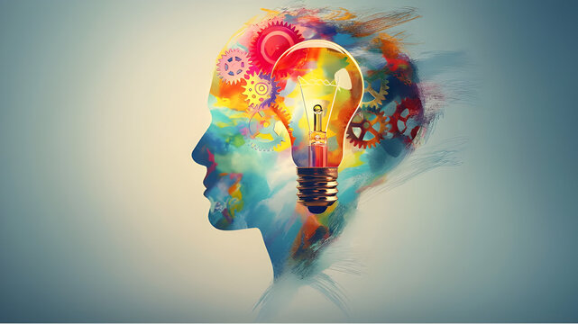 Human head profile silhouette with glowing light bulb, brainstorming and intelligence concept