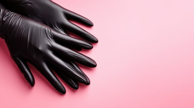 Soft pink beauty background with black medical latex gloves and professional PMU lip tools neatly arranged in the upper right corner. Clean clinic aesthetic with large empty space for text.