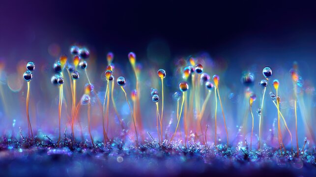 Glistening Dew-Kissed Synthetic Flora with Embedded Lights and Vibrant Bokeh