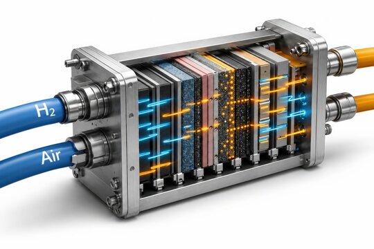 Hydrogen Fuel Cell Stack Cutaway with Energy Conversion Diagram