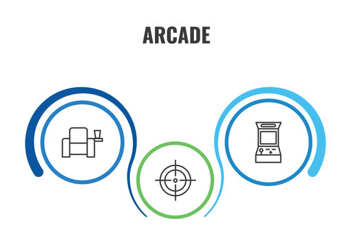 arcade outline icon set. thin line cinema seat, arcade, shooter icons. editable vector