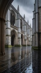 Obraz premium Gothic cathedral with rainstorm and reflections on wet stone surface during daytime