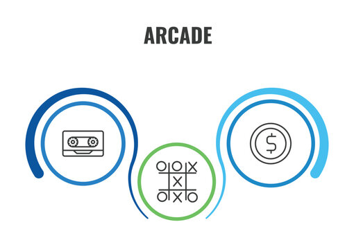 arcade outline icon set. thin line music tape, token, tic tac toe icons. editable vector